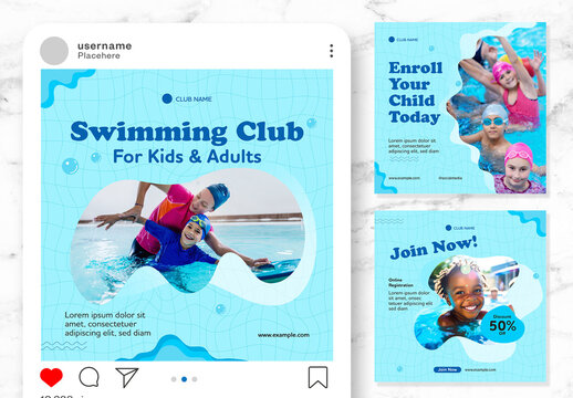 Blue and White Swimming Club Instagram Post Set
