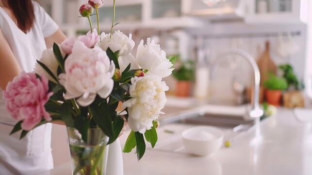 Blurred woman arranging peonies in vase on background of minimal white kitchen in new modern home Motion image of housewife decorating house with flowers housekeeping : Generative AI