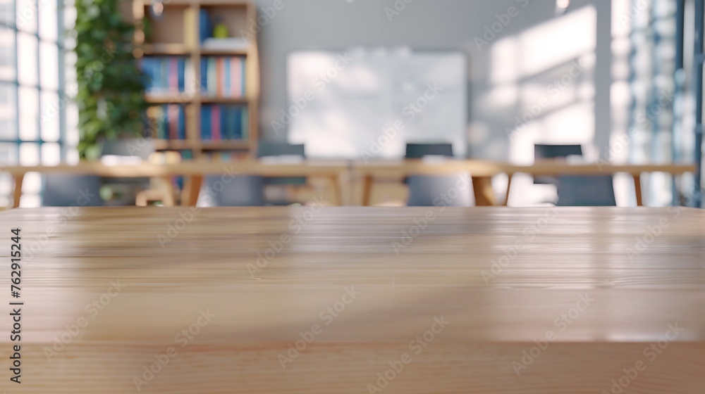 Poster cropped shot of wooden table with books stationery and copy space in blurred study roomempty classro