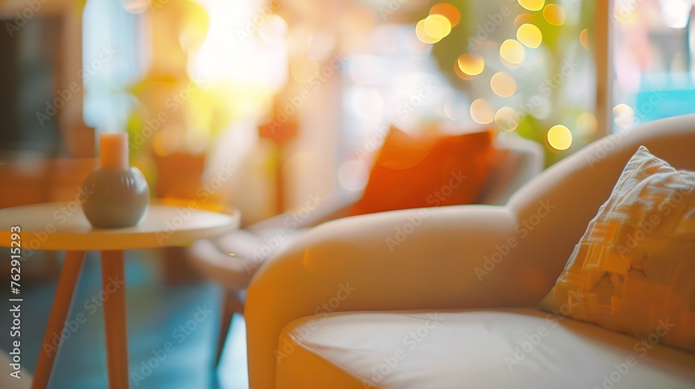 Poster blur image of living room with table and sofa for background usage : Generative AI