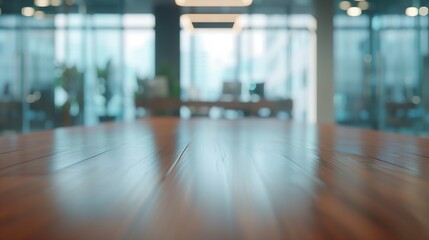 Table with blur background of corporate office conference room with glass interior for office product place on the table defocus office background The office table made of wood Corpora : Generative AI - obrazy, fototapety, plakaty