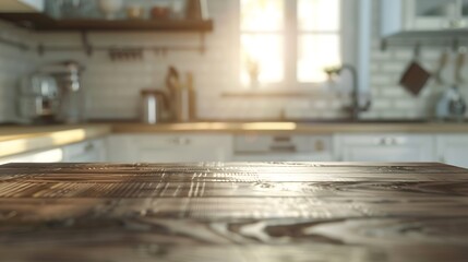 Wood table top on blurred kitchen background : Generative AI