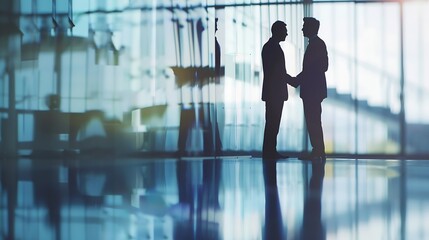Building business relationships Blurred shot of two businessmen shaking hands in a modern office : Generative AI