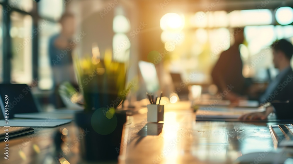 Aufkleber Businessmen blur in the workplace or work space of table work in office with computer or shallow depth of focus of abstract background : Generative AI