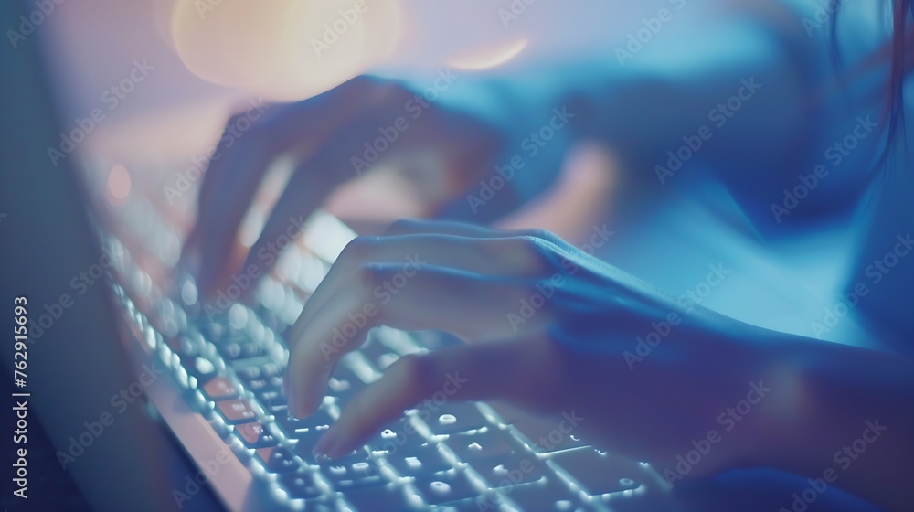 Aufkleber blurred female hands typing on keyboard laptop computer business education and programming concept :