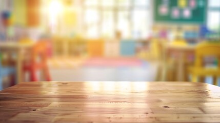 Wooden desk on blurred child room or kindergarten interior background : Generative AI
