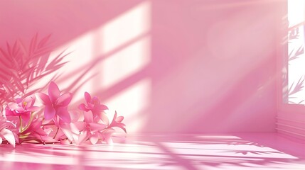 Abstract pink color gradient studio background for product presentation Empty room with shadows of window and flowers and palm leaves  3d room with copy space Summer concert Blurred ba : Generative AI