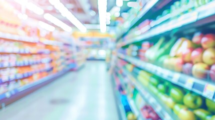 Abstract blur background of supermarket aisle shelves chilled vegetable zone : Generative AI