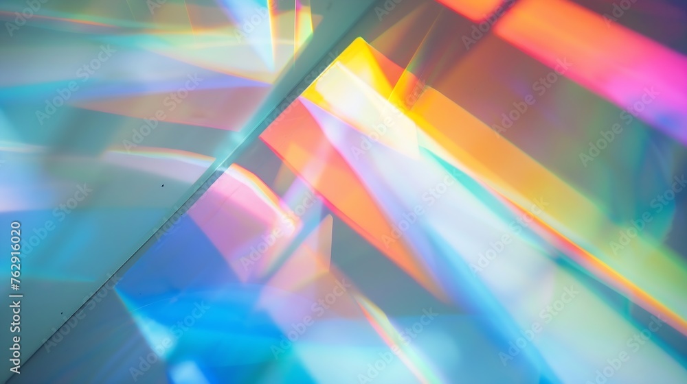 Aufkleber Blurred rainbow light refraction texture overlay effect for photo and mockups Organic drop diagonal holographic flare on a white wall Shadows for natural light effects : Generative AI
