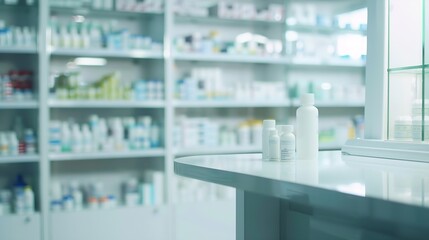 pharmacy table counter with blur shelves of drug in the drugstore background For create montage medical product : Generative AI