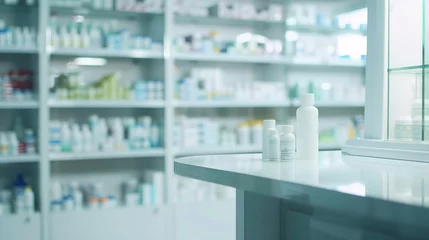 Foto op Canvas pharmacy table counter with blur shelves of drug in the drugstore background For create montage medical product : Generative AI © Generative AI