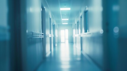 abstract blurred inside interior hospital corridor blue color background with light concept : Generative AI