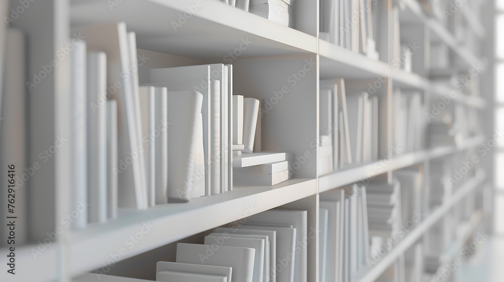 Fototapete Abstract blurred modern white bookshelves with books manuals and textbooks on bookshelves in library or in book store for backdrop Concept for education : Generative AI