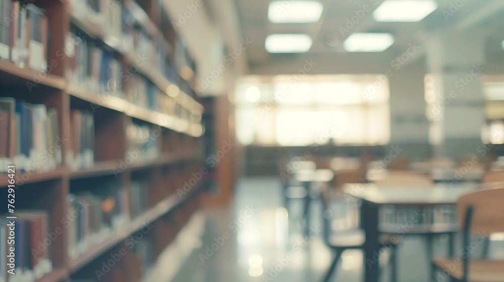 Aufkleber Abstract blurred empty college library interior space Blurry classroom with bookshelves by defocused effect use for background or backdrop in book shop business or education resources  : Generative AI