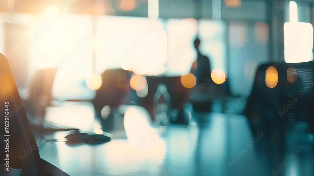 Poster Businessmen blur in the workplace or work space of table in office room with computer or shallow depth of focus of abstract background : Generative AI
