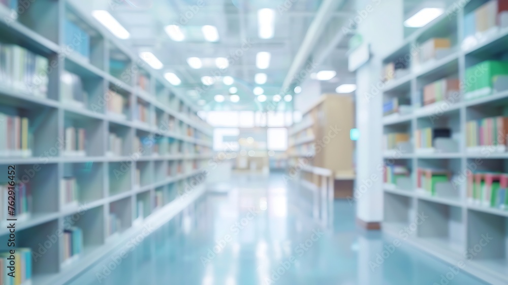Poster abstract blurred empty college library interior space blurry classroom with bookshelves by defocused