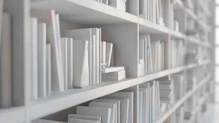 Abstract blurred modern white bookshelves with books manuals and textbooks on bookshelves in library or in book store for backdrop Concept for education : Generative AI