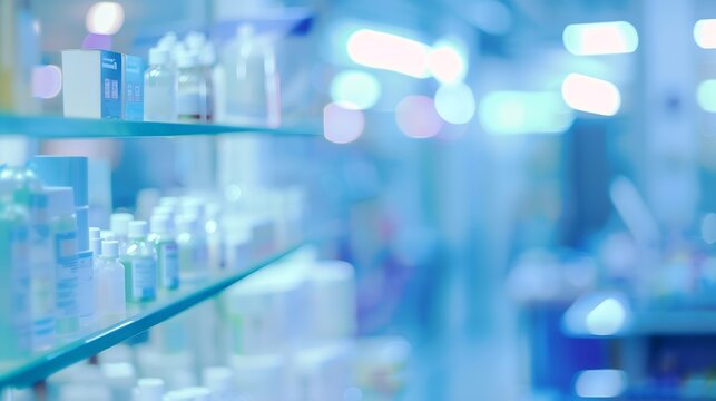 Pharmacy interior blurred background Inside interior chemists shop blue color blurred background with bokeh : Generative AI