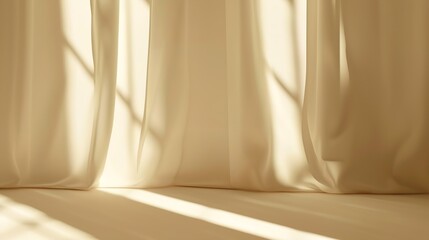 Minimalistic abstract gentle light beige background for product presentation with light and shadow of window curtains on wall : Generative AI