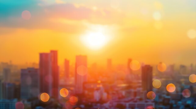 Summer sun blur golden hour hot sunset sky with city rooftop view background cityscape office building landscape blurry urban warm bright heat wave lights skyline heatwave bokeh for ev : Generative AI