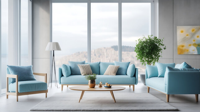 Modern scandinavian style living room with blue sofa facing the window