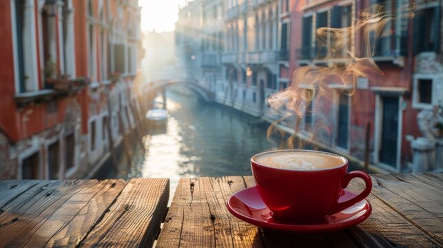 Venice, Italy A quiet morning in the city of Venice. Ancient Italian architecture with roof windows Along with a red coffee cup with hot smoke floating in it.