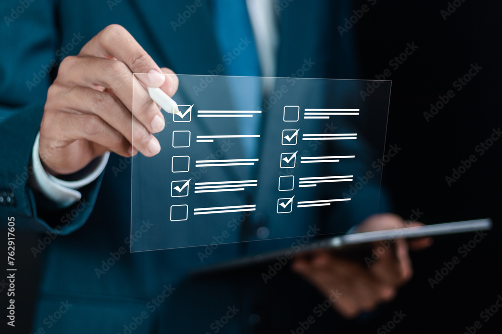 Poster questionnaire with checkboxes, filling survey form online, answer questions of test. survey form con