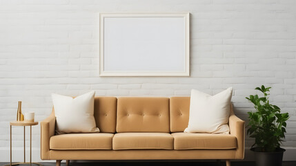 Poster frame mock-up in home interior background, living room in beige and brown colors