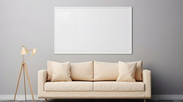 Poster frame mockup in minimalist modern living room interior background, Scandinavian style, 3D render