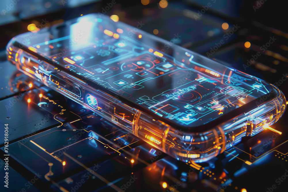 Poster smartphone a transparent display shows user interface components, ux, ui, futuristic technology