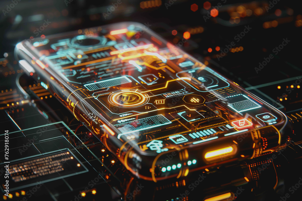 Poster smartphone a transparent display shows user interface components, ux, ui, futuristic technology
