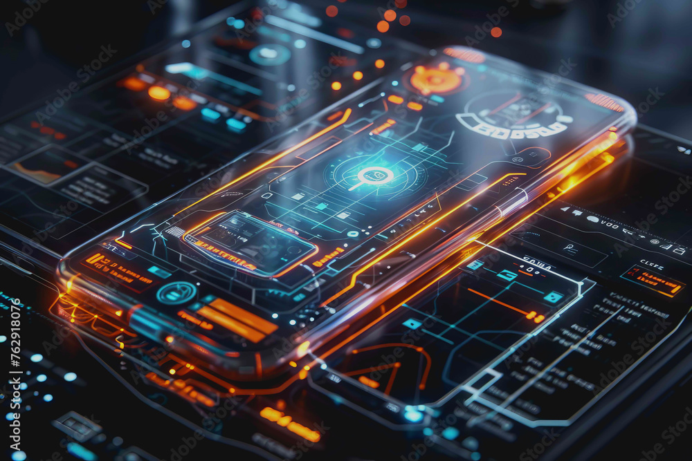 Poster smartphone a transparent display shows user interface components, ux, ui, futuristic technology