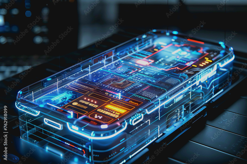 Poster smartphone a transparent display shows user interface components, ux, ui, futuristic technology