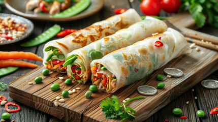 Chinese Spring rolls, Chinese style soft tortilla wraps filled with vegetables and meat, surrounded by various ingredients such as carrots, snow peas, green bamboo shoots, chrysanthemums, silver coins