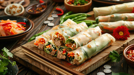 Chinese Spring rolls, Chinese style soft tortilla wraps filled with vegetables and meat, surrounded...