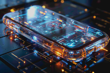 smartphone a transparent display shows user interface components, UX, UI, futuristic technology
