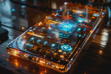 smartphone a transparent display shows user interface components, UX, UI, futuristic technology