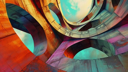 A colorful, abstract architecture of a building with many arches and circles