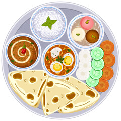  Traditional Indian Thali Top View Illustration: Roti, Egg Curry, Dal Makhani, Rice, Rasgullas, Gulab Jamun & Salad