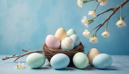 Easter colored eggs in the nest on a blue background. Easter decorations. Easter banner