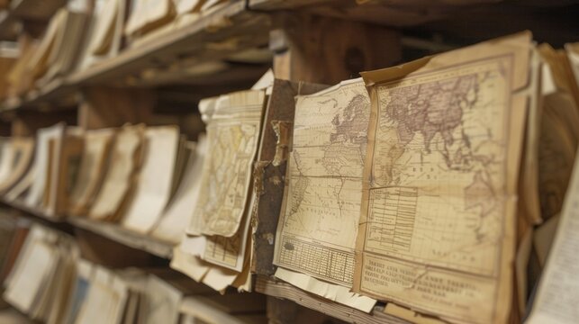 A closeup of a shelf filled with historical documents such as maps letters and diagrams. The image highlights the vast array of resources available for students of classical