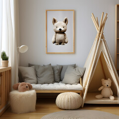 Mock up frame in children room with natural wooden furniture, Farmhouse style interior background, 3D render