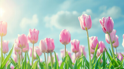 Vibrant Pink Tulips in Full Bloom, Sunny Blue Sky with Light Clouds, Spring Freshness