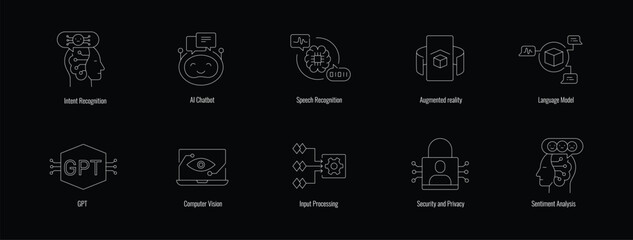  Tech Icons Illustrating Sentiment Analysis, Language Model, Security and Privacy, Input Processing, GPT, Intent Recognition, Augmented reality, Computer Vision, and more.