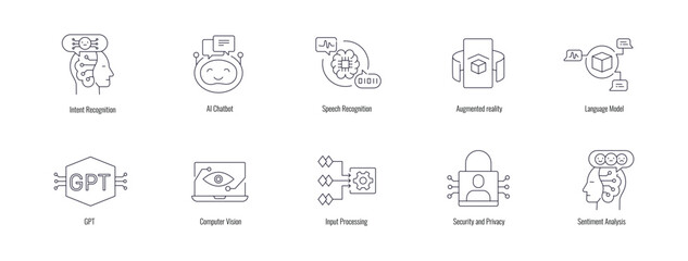  Tech Icons Illustrating Sentiment Analysis, Language Model, Security and Privacy, Input Processing, GPT, Intent Recognition, Augmented reality, Computer Vision, and more.