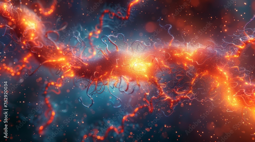 Poster an abstract depiction of synapses firing with bursts of light and color emanating from a central poi