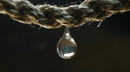 Close up view of a single crystal-clear water droplet hanging delicately from a taut, textured rope. The drop glistens in the light, highlighting the intricacies of the fiber - obrazy, fototapety, plakaty