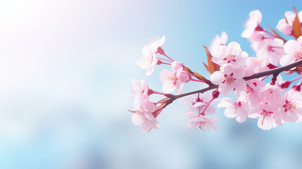 branches of blossoming cherry macro with soft focus and blurred blue sky at the background