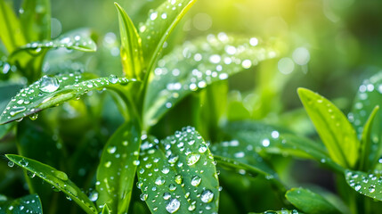 Close up view of water droplets clinging to the leaves and stems of a green plant. The droplets glisten in the sunlight, creating a refreshing and vibrant image of nature - obrazy, fototapety, plakaty