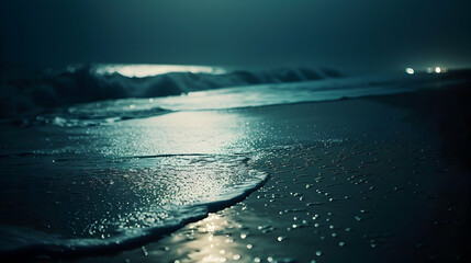a blurry scene of a beach at night, with the wet sand glistening under dim light. Waves can be seen crashing against the shore as the tide rolls in. - obrazy, fototapety, plakaty